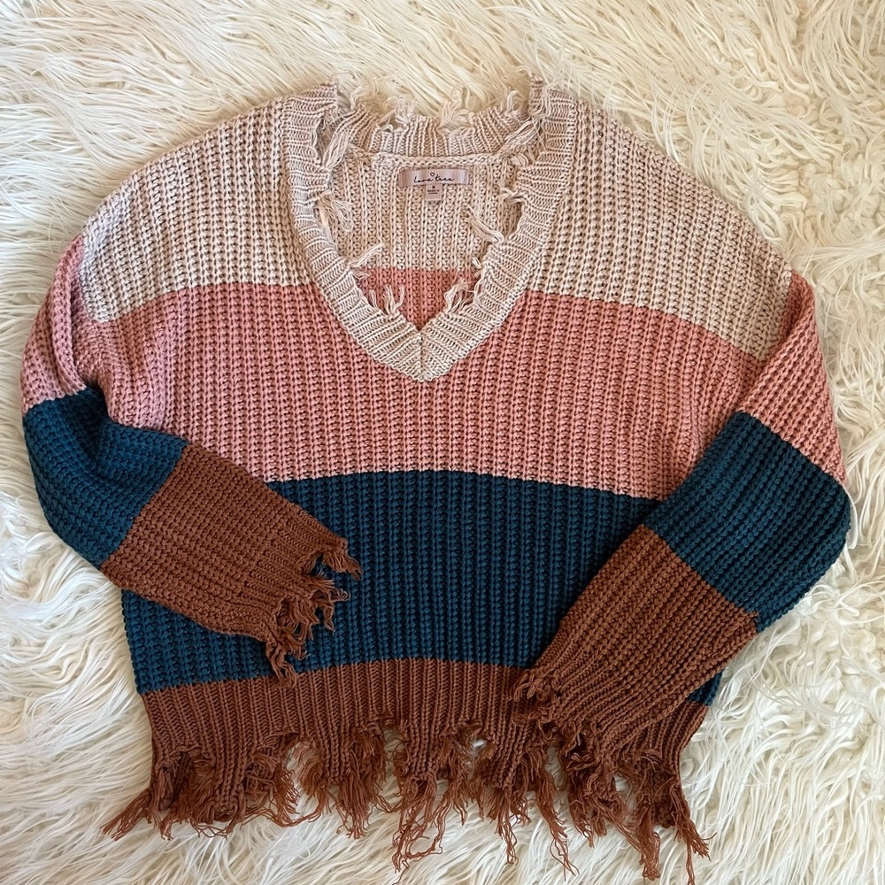 Love Tree Distressed Color Block V Neck Sweater